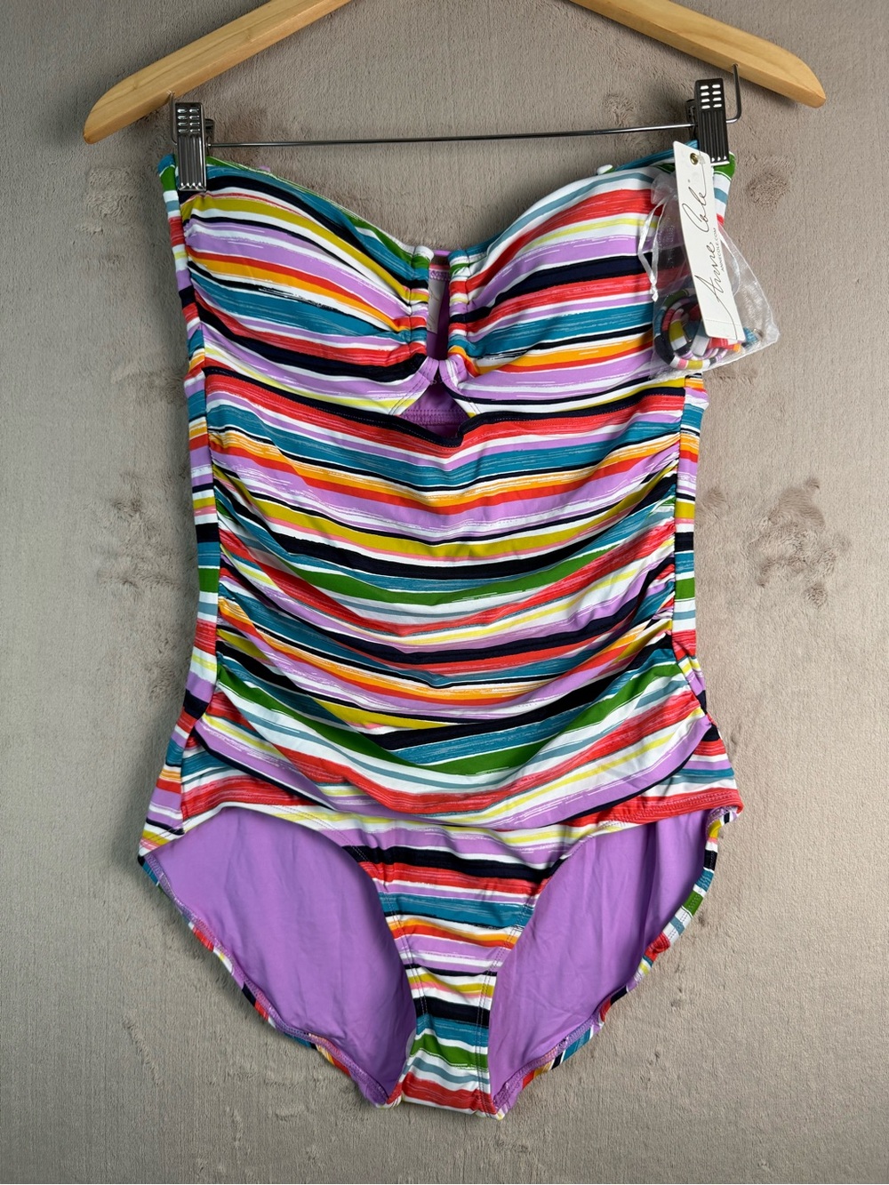Anne Cole One Piece Swimsuit Size 14 Multicolor Stripe Bandeau Ruched NWT